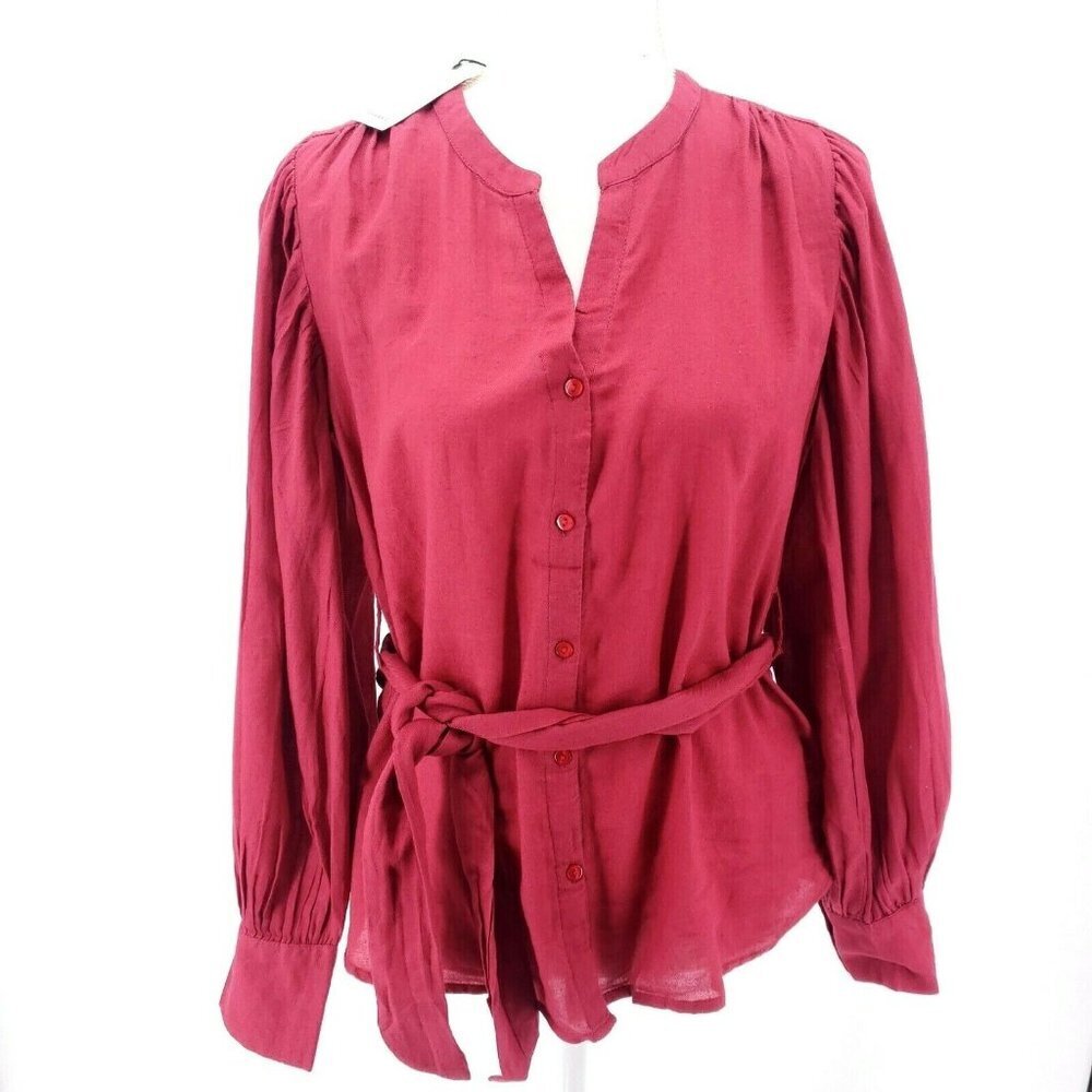 SPARKZ COPENHAGEN Cherry Red Belted Blouse Long Sleeve SMALL and MEDIUM